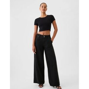 New Gap Jeans Size 0 Petite Short Wide Leg Baggy Mid Rise Ultra Soft Loose Black